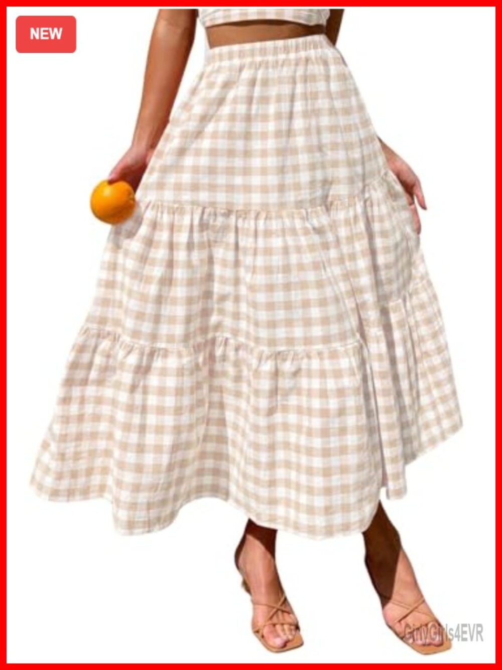 Womens Cotton Gingham Tiered Maxi Skirt Elastic High Waist Flowy with Pockets